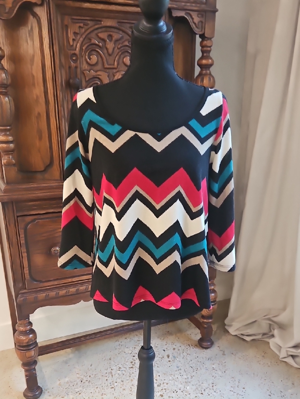 Blue Sketch Chevron Pattern Black Knit Top with Pink & Teal Accents. Size S